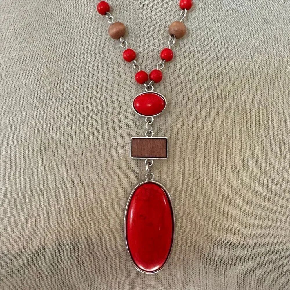 Red & Wood Bead Statement Pendant Necklace